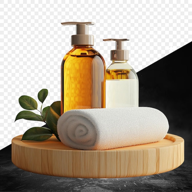 un vassoio di legno con bottiglie di sapone e asciugamani