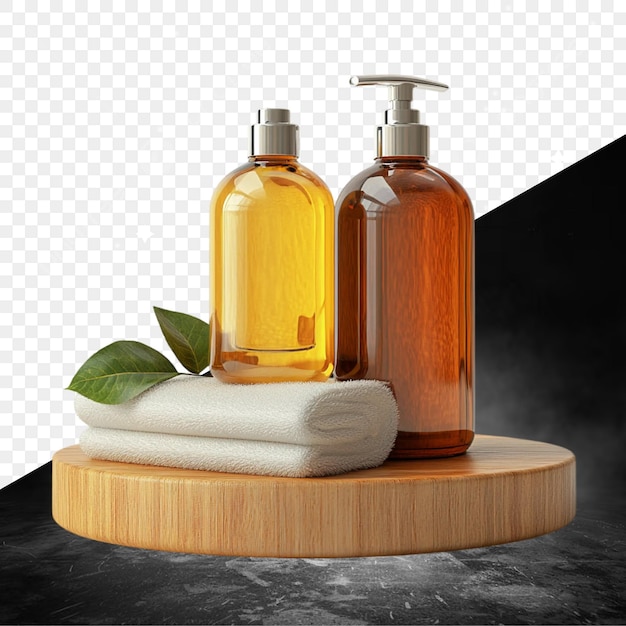 un vassoio di legno con bottiglie di sapone e una bottiglia di shampoo