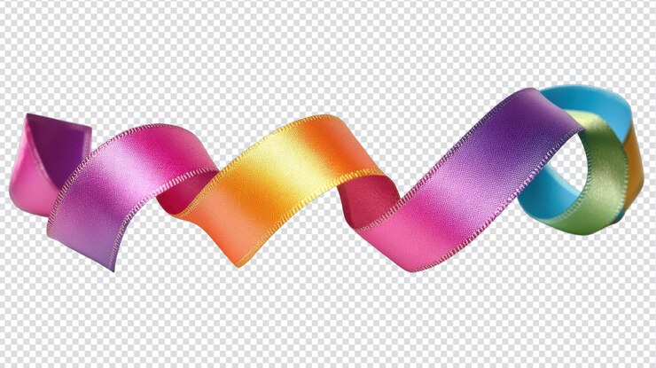 PSD un vibrante nastro color arcobaleno arrotolato su un tavolo perfetto per progetti artigianali, imballaggi di regali e celebrazioni