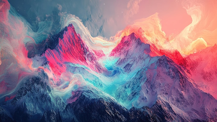 PSD un vivace paesaggio montuoso surreale con nuvole e cime colorate