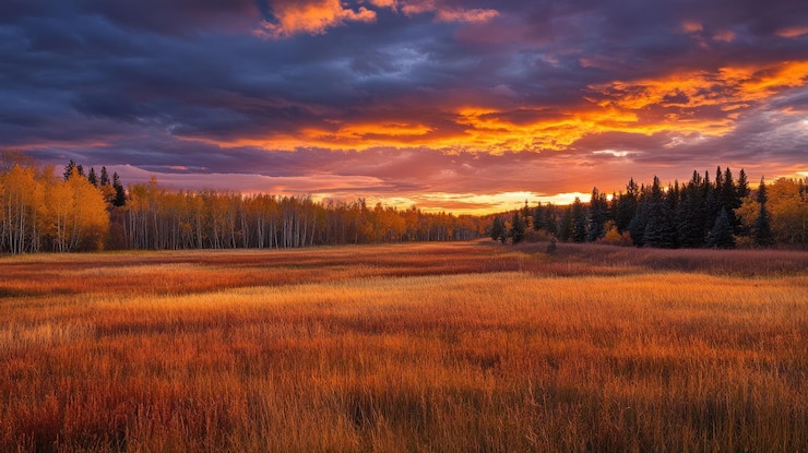 PSD un vivace tramonto d'autunno su un campo dorato e una foresta
