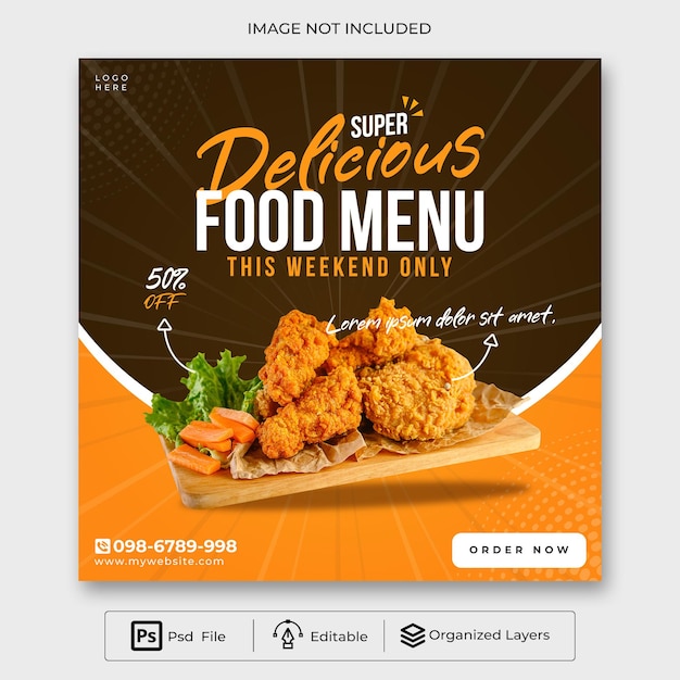 Un volantino per un menu di cibo che dice menu di cibo super delizioso.