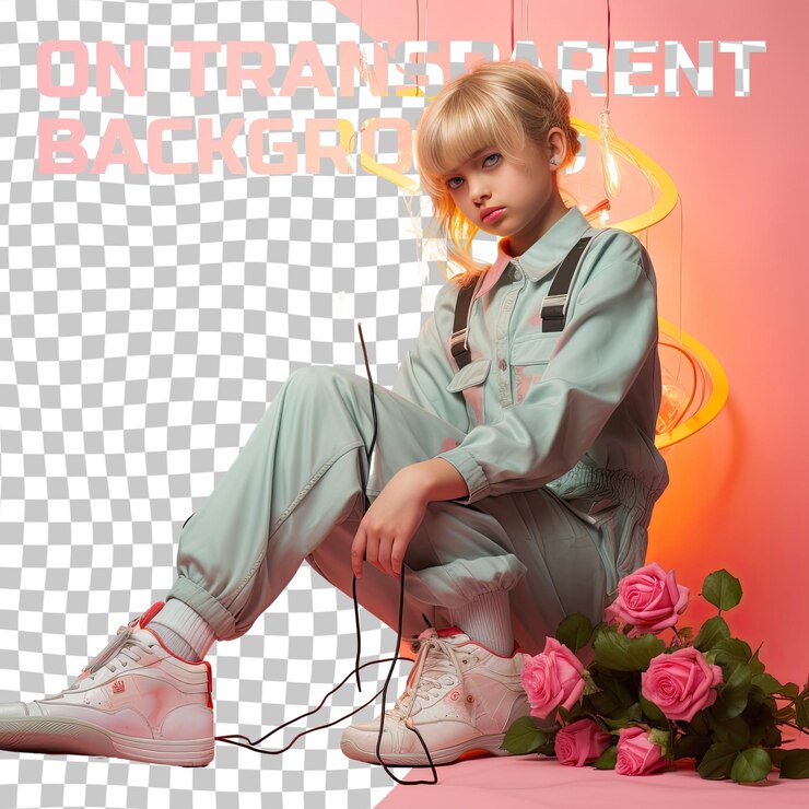 PSD una bambina simpatica con i capelli biondi dell'etnia asiatica orientale vestita con abiti di elettricista posa in stile sitting with legs stretched out su uno sfondo pastel rose