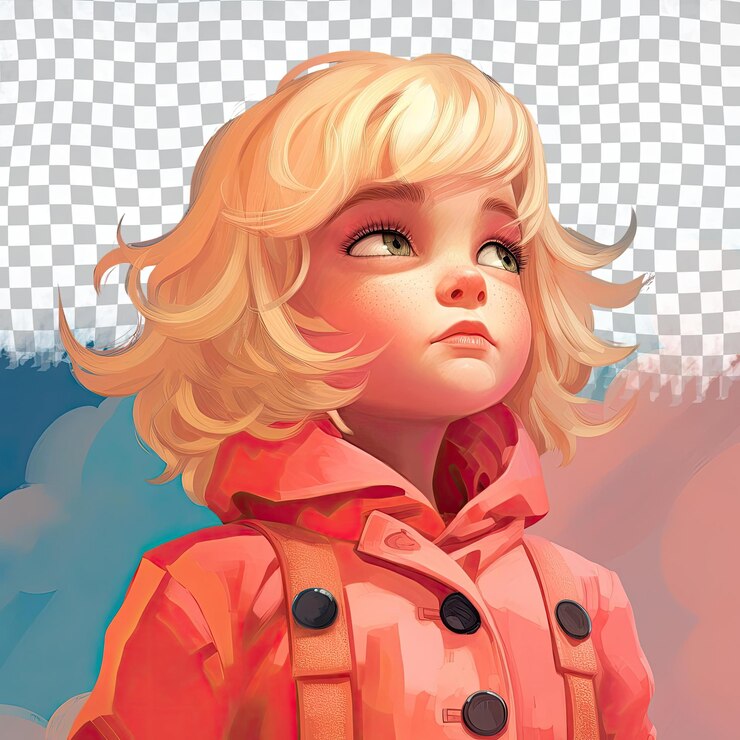 PSD una bambina sospettosa con i capelli biondi dell'etnia scandinava vestita con abiti meteorologici posa in stile looking over the shoulder sullo sfondo pastel coral
