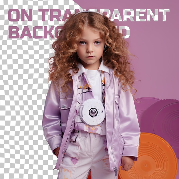 PSD una bambina spaventata con i capelli ondulati dell'etnia slava vestita come disc jockey posa in stile standing with tilted hips su uno sfondo di lilac pastello