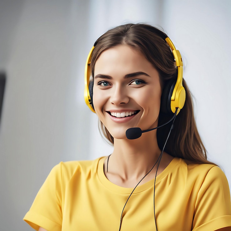 PSD una bella ragazza del servizio clienti sorridente con un auricolare
