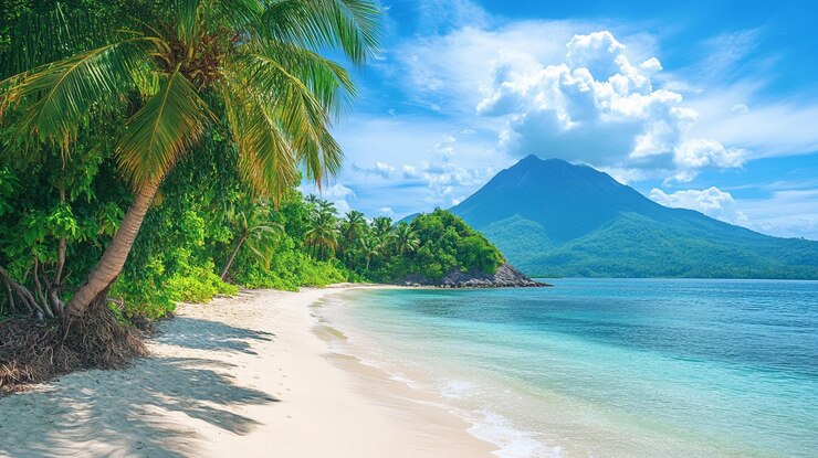 PSD una bellissima spiaggia tropicale con sabbia bianca, acqua turchese e palme sullo sfondo