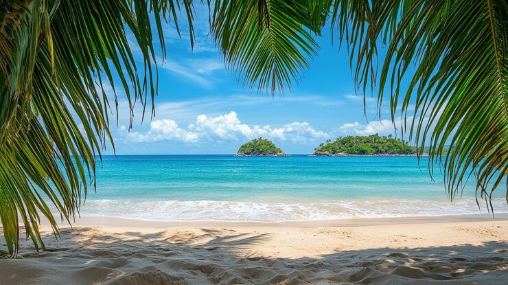 PSD una bellissima spiaggia tropicale con sabbia bianca, acqua turchese e palme sullo sfondo