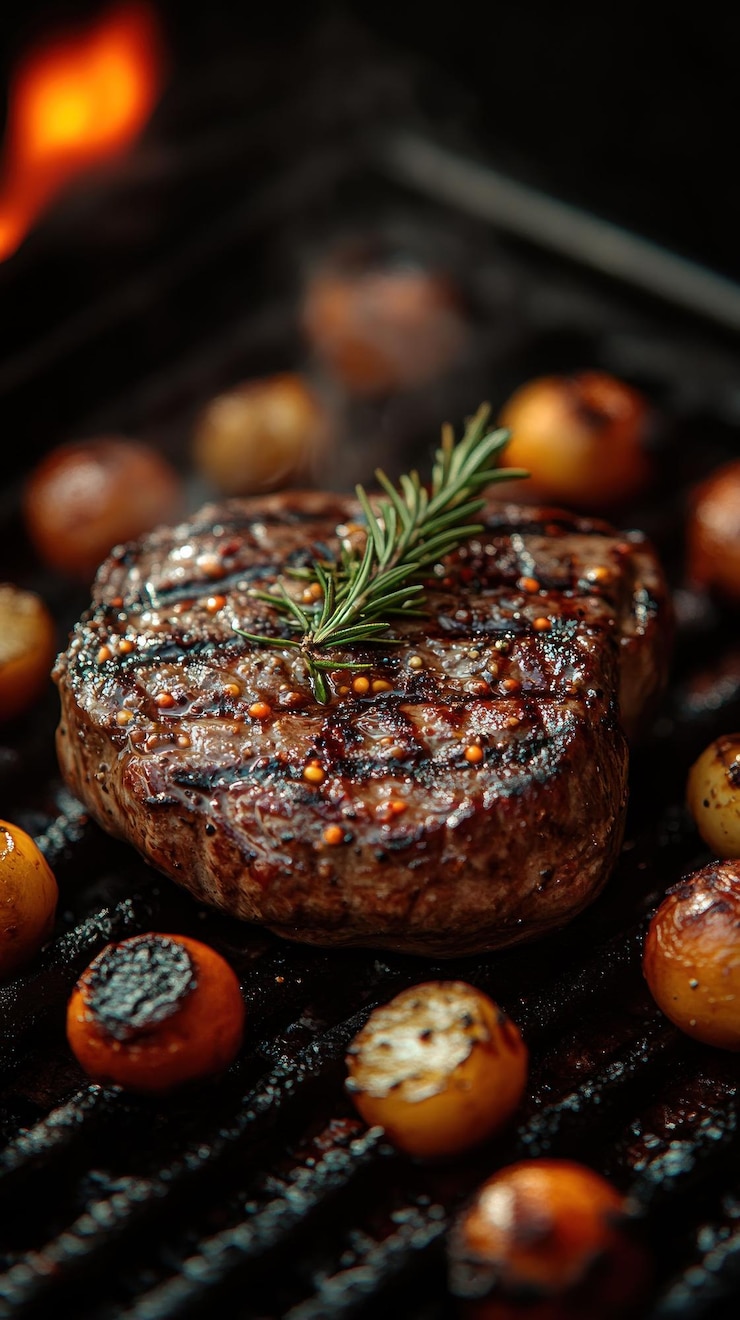 PSD una bistecca succosa con ramoscello di rosmarino e patate alla griglia sulle fiamme