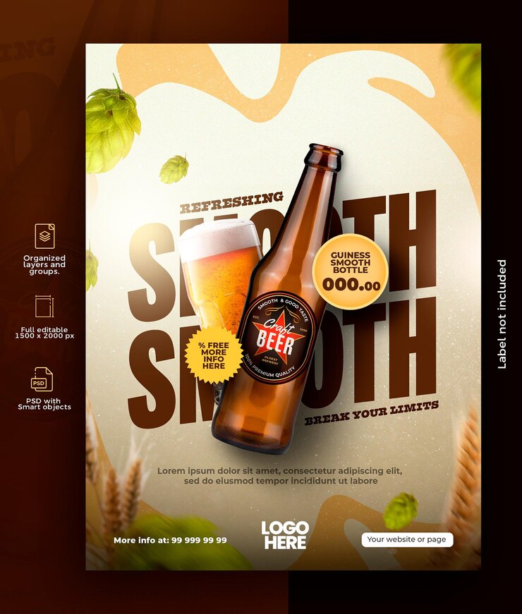 PSD una bottiglia di birra con etichetta e sfondo di luppolo per la pubblicità di storie sui social media