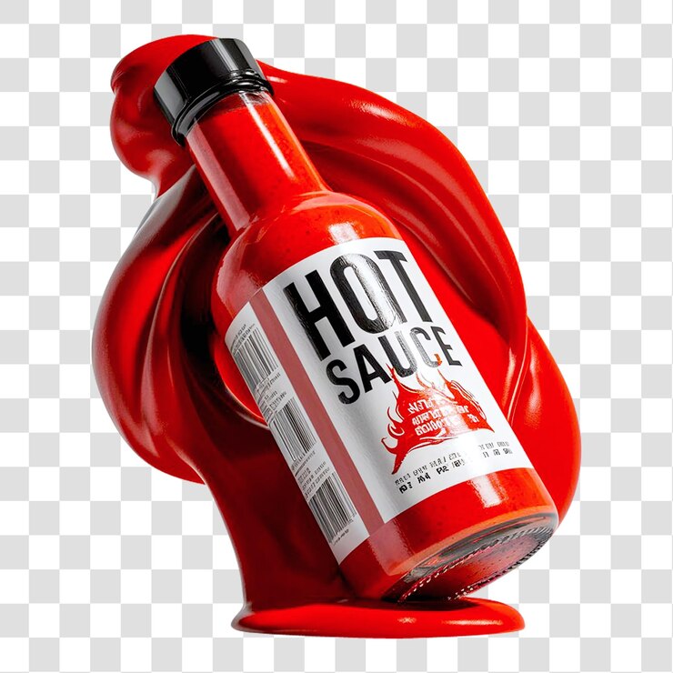 PSD una bottiglia di salsa piccante piena fino all'orlo di salsa rossa isolata su uno sfondo trasparente