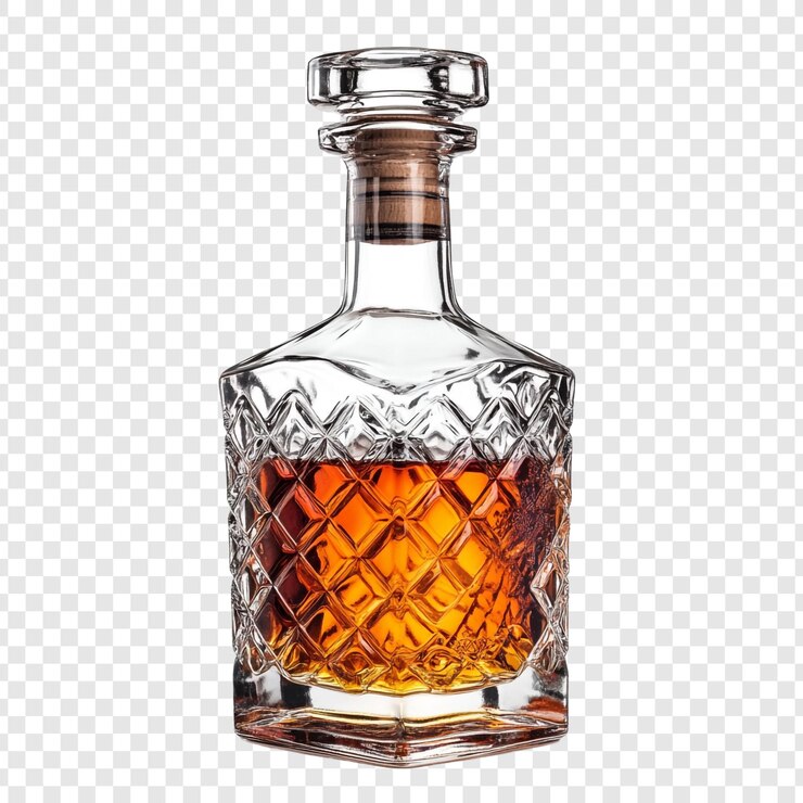 PSD una bottiglia di whisky con un bicchiere su uno sfondo trasparente