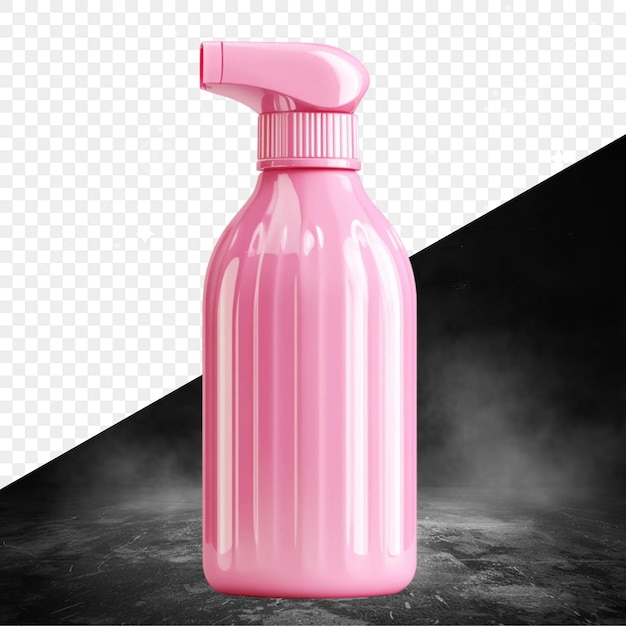 una bottiglia rosa di liquido rosa si siede su un tavolo nero