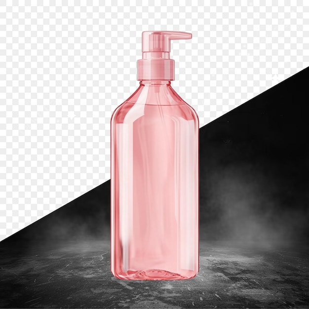 una bottiglia rosa di liquido rosa si siede su un tavolo nero