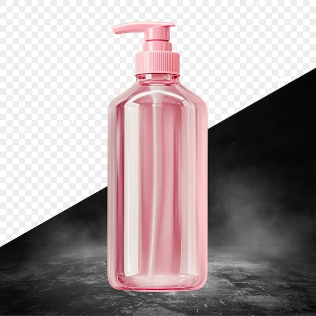 una bottiglia rosa di liquido rosa si trova su una superficie nera