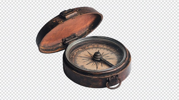 Una bussola d'epoca con il coperchio aperto su uno sfondo bianco per argomenti di avventura e navigazione