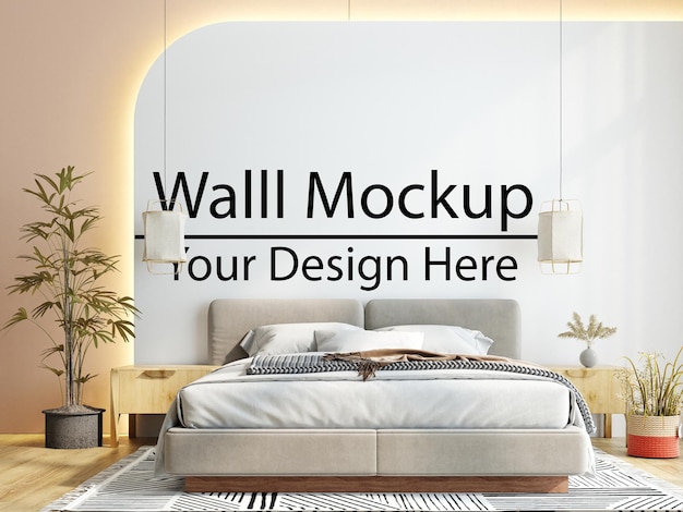 Una camera da letto con un letto e una lampada sul muro che dice mockup del muro