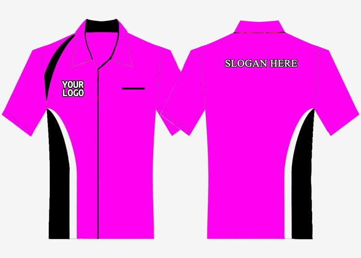 PSD una camicia rosa con un collare bianco che dice il tuo lavoro qui