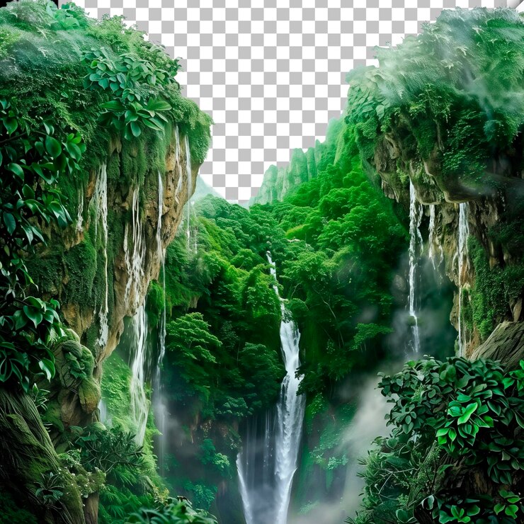 PSD una cascata è nel mezzo di una foresta con una foto di una cascată