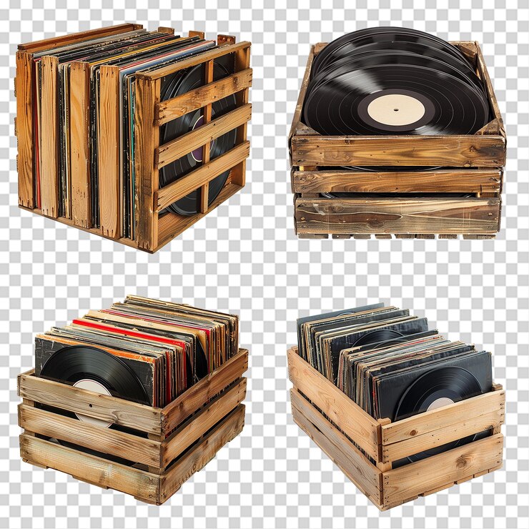 PSD una cassa di legno di dischi in vinile isolati su uno sfondo trasparente