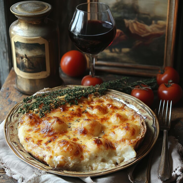 PSD una casserola di patate al formaggio dall'aspetto delizioso con un bicchiere di pomodori al vino rosso e timo fresco