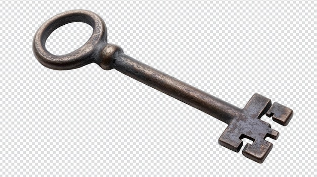 Una chiave in metallo in stile vintage isolata su uno sfondo bianco ideale per progetti estetici o di antiquariato Steampunk