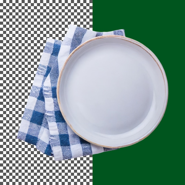 una ciotola bianca con un panno a scacchi blu e bianco piastra bianca su blu Gingham panno a disegno su t