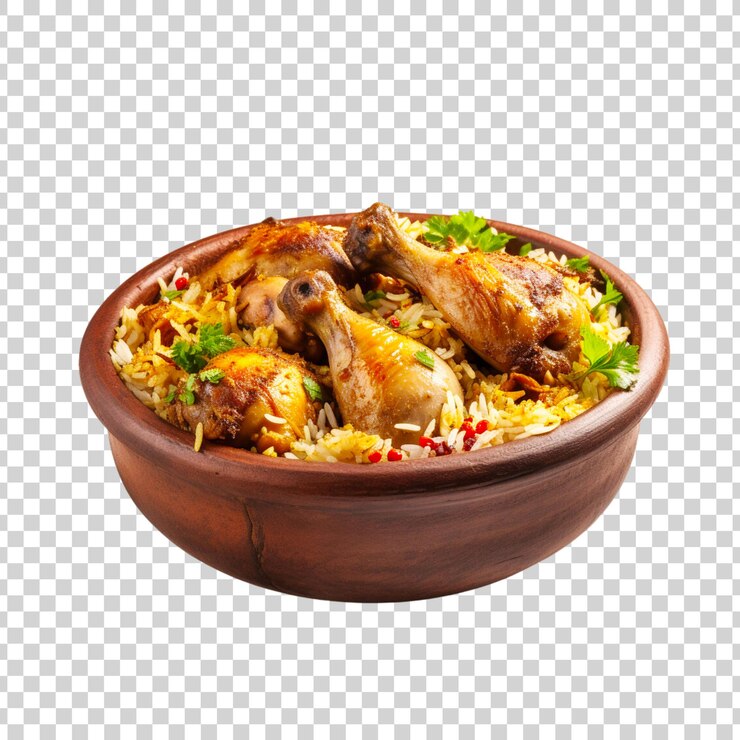 PSD una ciotola di biryani con pezzi di pollo su uno sfondo trasparente