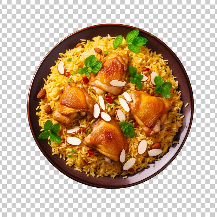 PSD una ciotola di biryani con pezzi di pollo su uno sfondo trasparente