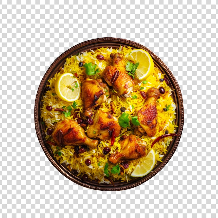 PSD una ciotola di biryani con pezzi di pollo su uno sfondo trasparente