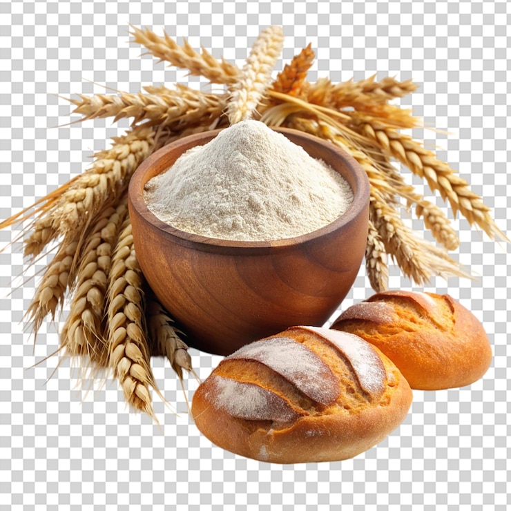 PSD una ciotola di farina un pezzo di pane e grano su uno sfondo trasparente