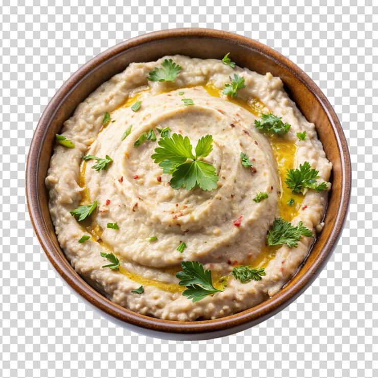 PSD una ciotola di hummus con un'erba verde su uno sfondo trasparente
