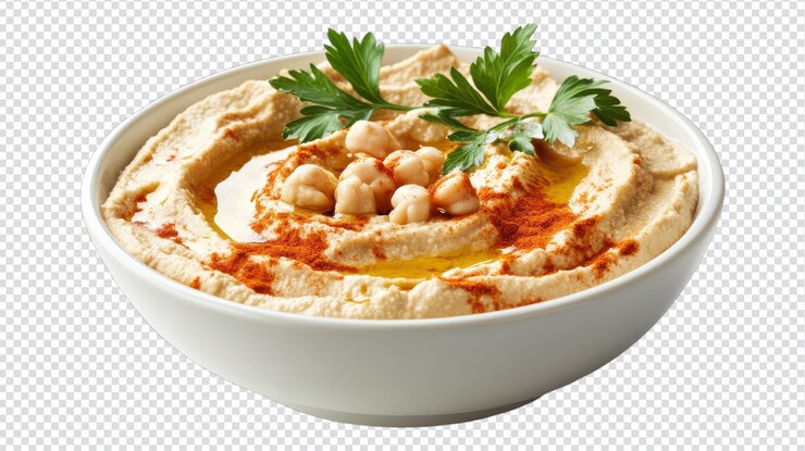 PSD una ciotola di hummus cremoso e salato coperto da un po' di olio d'oliva e guarnito con erbe fresche perfetto per aperitivi, feste o spuntini salutari in qualsiasi occasione