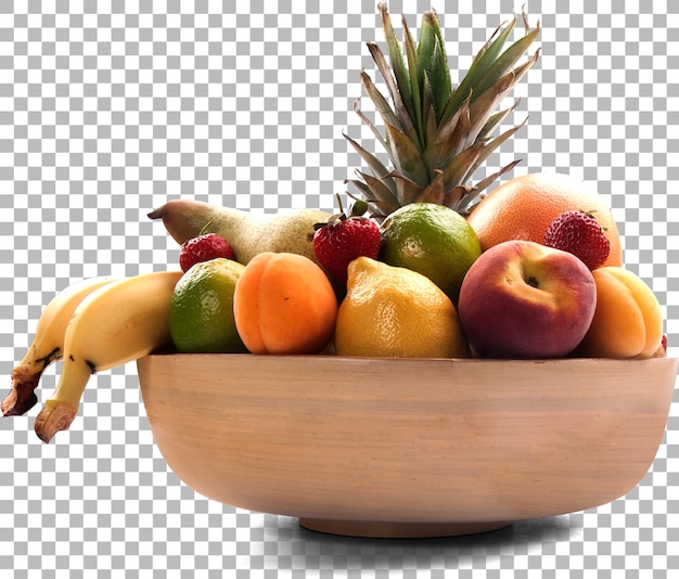 Una ciotola di legno piena di una varietà di frutta fresca tra cui banane, mele e un ananas che mostra un'alimentazione sana