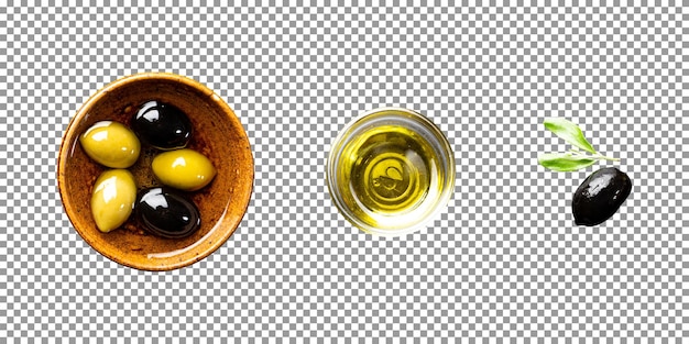 Una ciotola di olive e una ciotola di vetro di olio d'oliva su sfondo trasparente