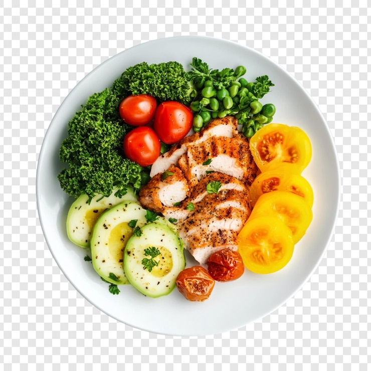 PSD una ciotola di pasto sano con petto di pollo alla griglia con verdure, avocado e piselli