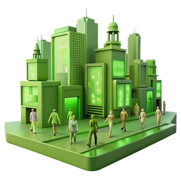 PSD una città verde con persone a terra e una città verde sullo sfondo