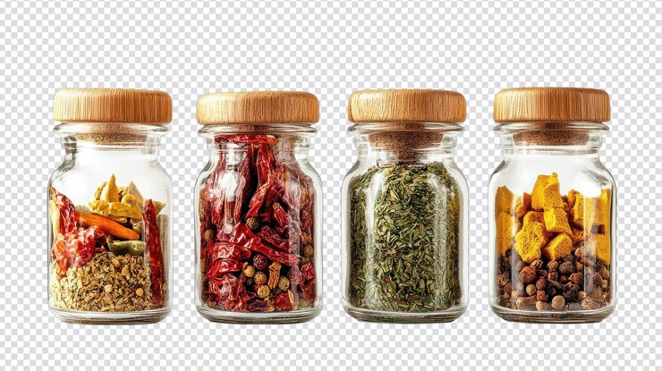 PSD una collezione di barattoli di spezie isolati su uno sfondo trasparente ideale per i blog culinari e alimentari