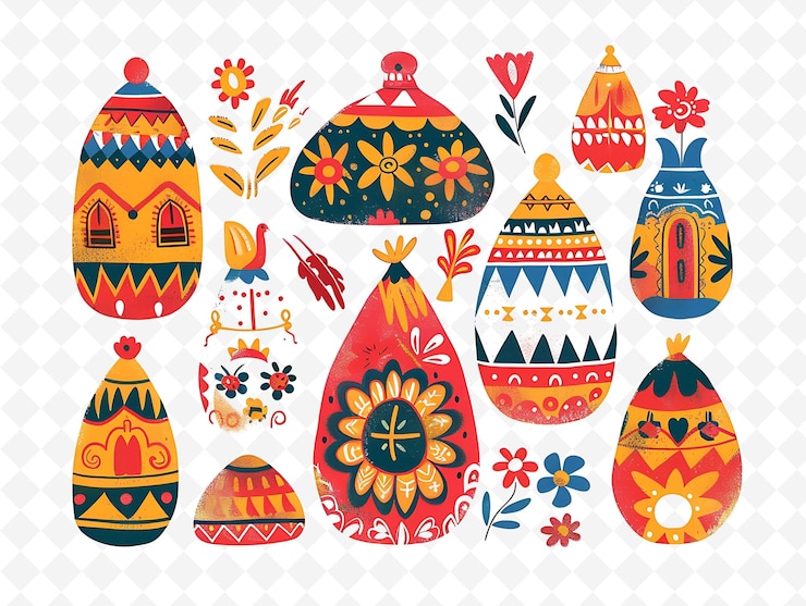 PSD una collezione di colorate uova di pasqua e fiori