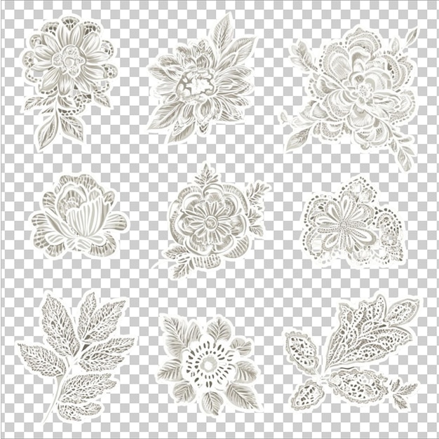 una collezione di fiori e farfalle sullo sfondo trasparente