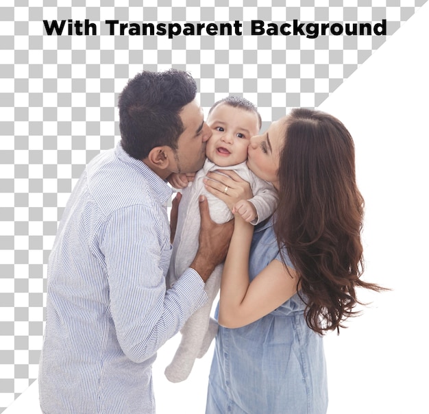 Una coppia felice che bacia un bambino