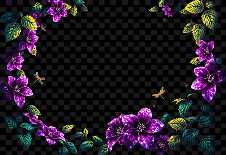 PSD una cornice con fiori viola e farfalle su uno sfondo nero