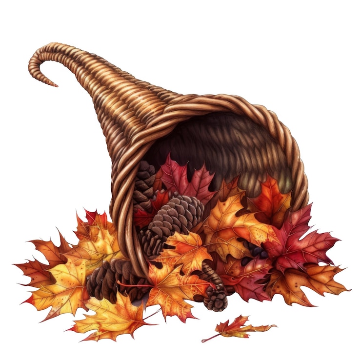 PSD una cornucopia di vimini ricca di foglie d'autunno e conie di pino