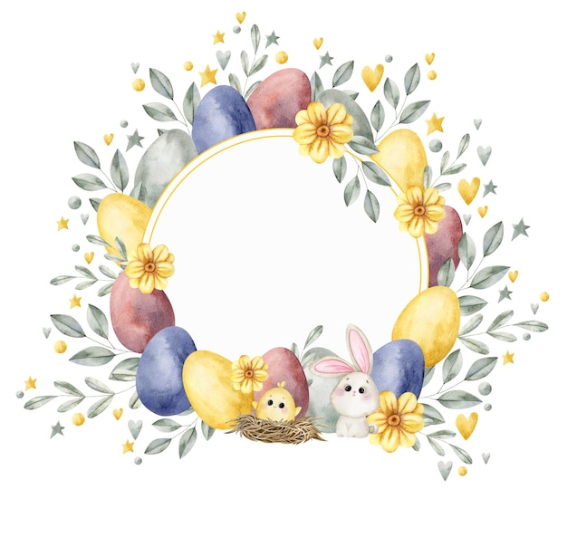 Una corona di Pasqua con uova di coniglietto e pollo.