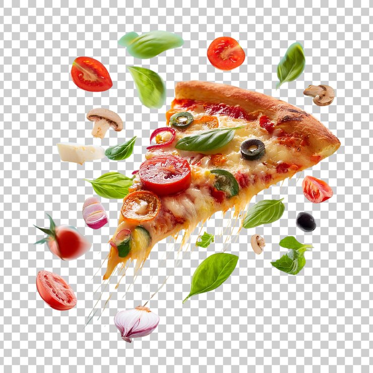 Una deliziosa fetta di pizza volante con gli ingredienti su uno sfondo trasparente