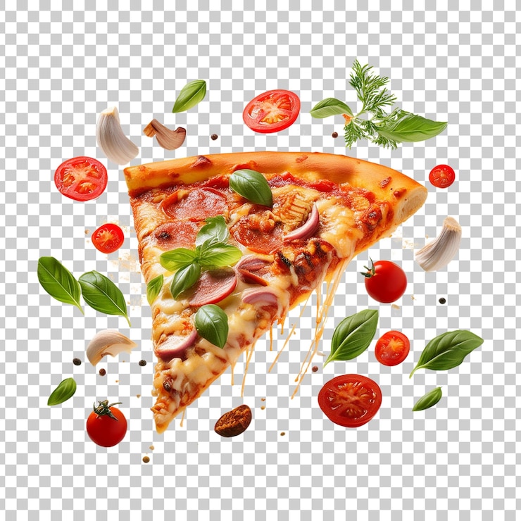 Una deliziosa fetta di pizza volante con gli ingredienti su uno sfondo trasparente