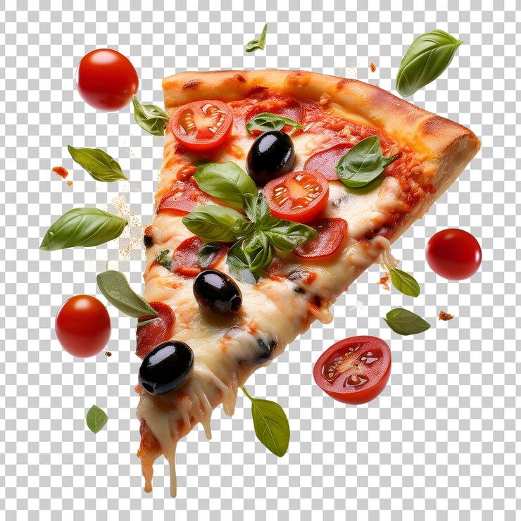 Una deliziosa fetta di pizza volante con gli ingredienti su uno sfondo trasparente