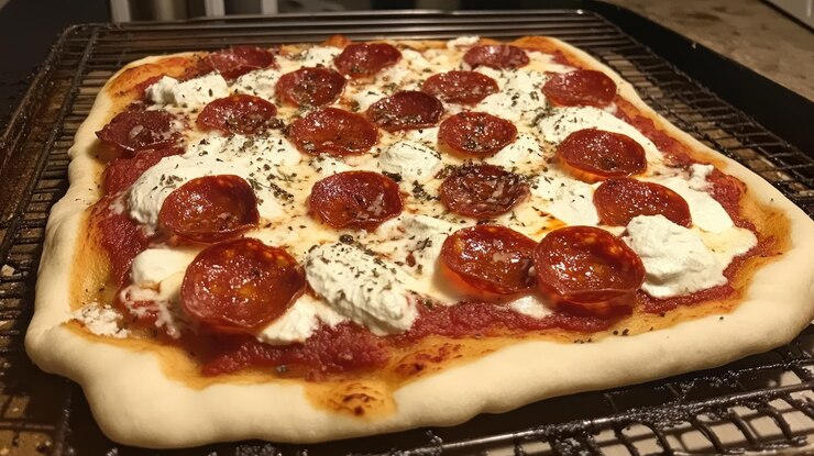 PSD una deliziosa pizza al pepperoni con condimenti cremosi.