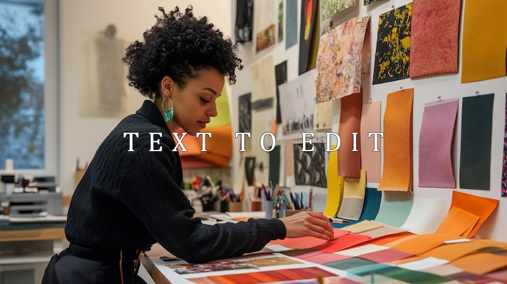 PSD una designer esamina campioni di colori presso la sua stazione di lavoro dello studio di progettazione
