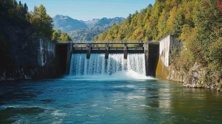 PSD una diga con l'acqua che scorre in cascata su di essa circondata da foreste lussureggianti e montagne